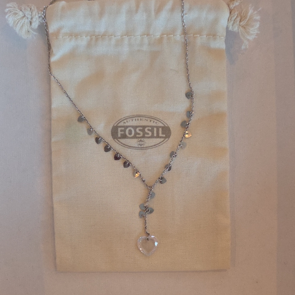 Fossil Silver Charm Necklace with Heart Pendant